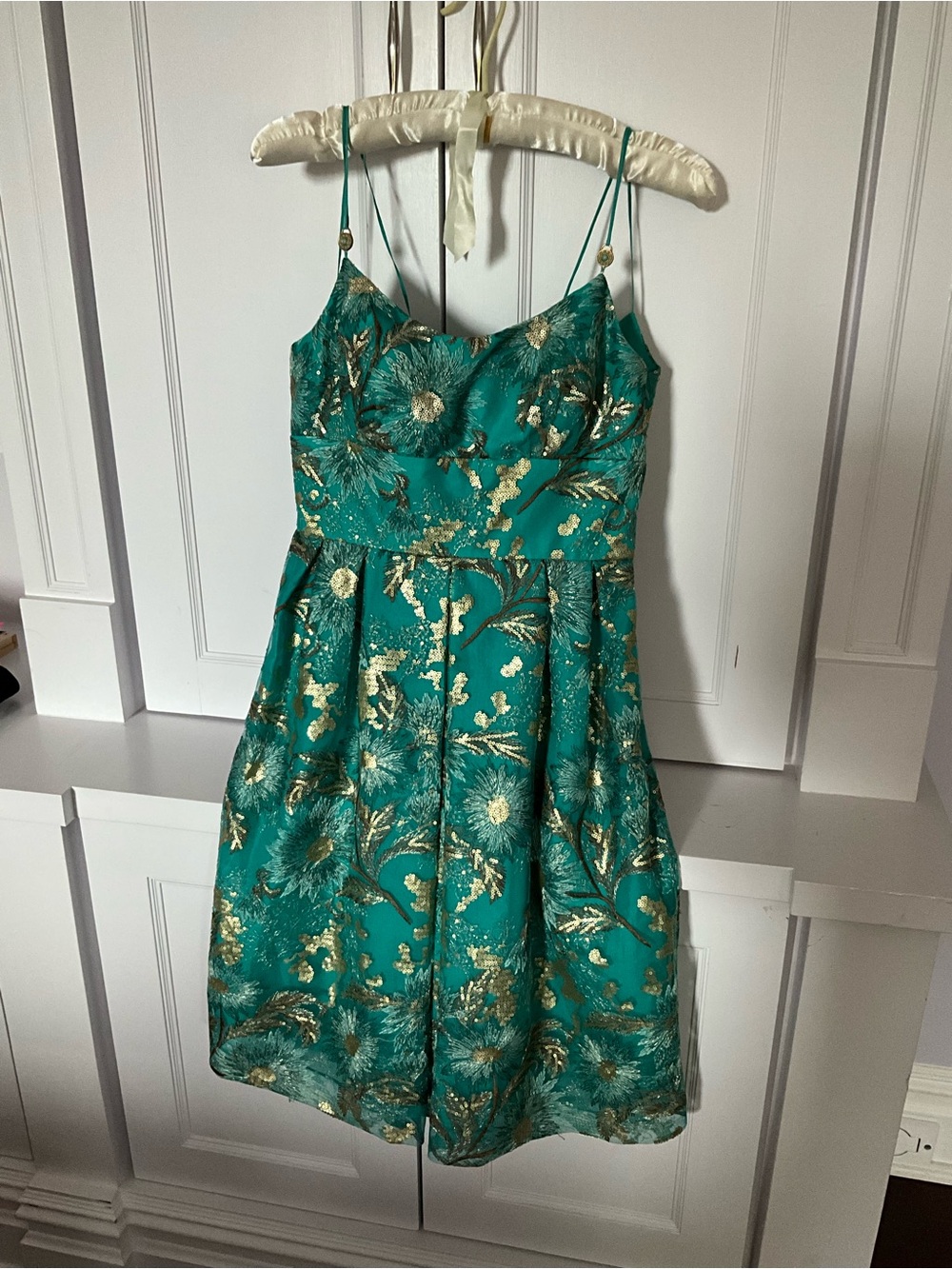 Kay Unger Teal and Gold Floral Fit-and-Flare Mini Dress